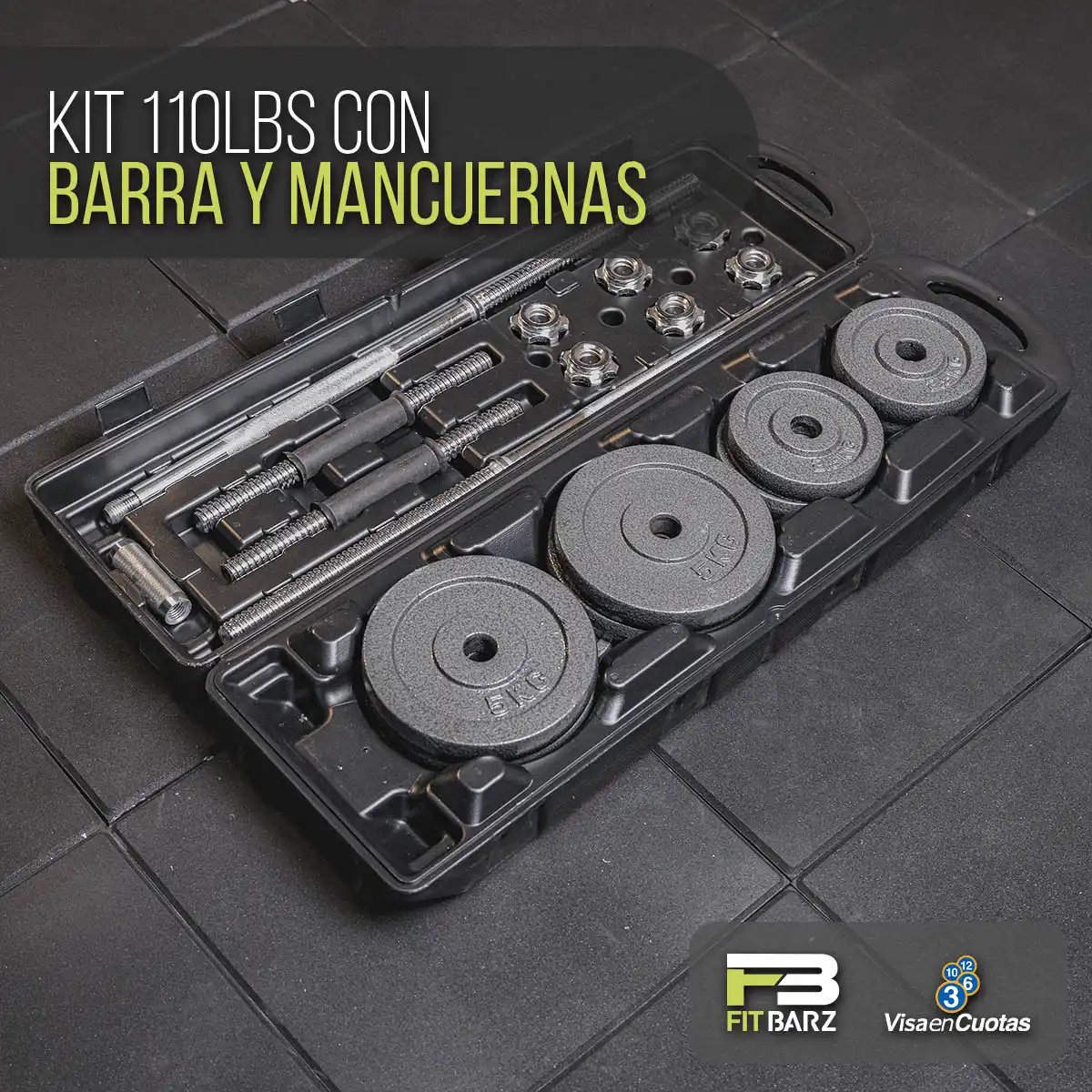 Set Kit Pesas Barra Mancuernas Discos 50kg 110lb Estuche Gym Color